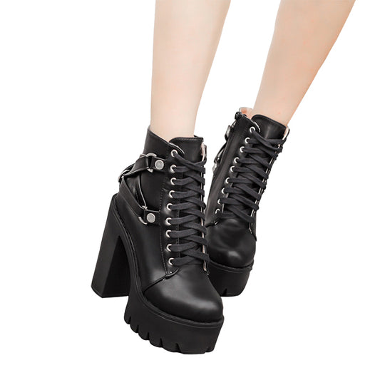 Black Lace-up Soft Leather Platform Boots