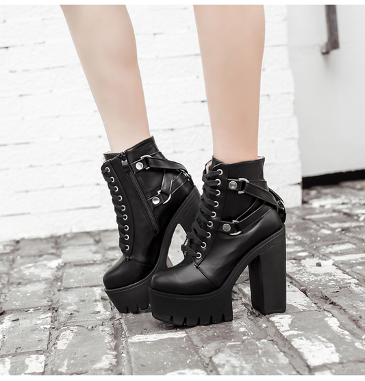 Black Lace-up Soft Leather Platform Boots