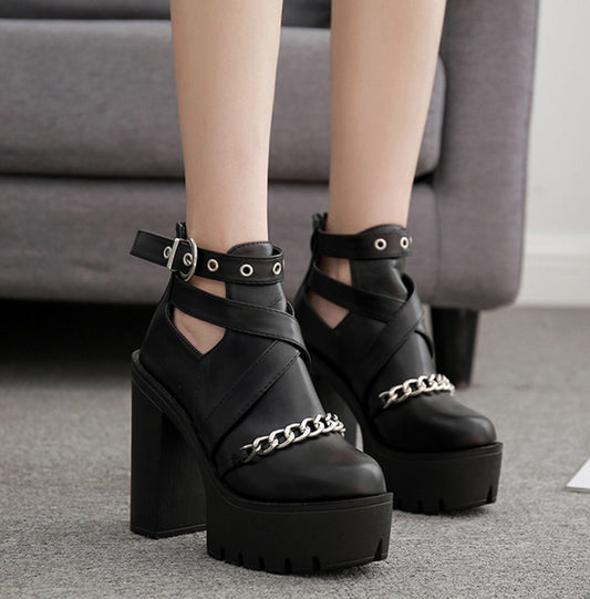 Chain Square High Heel Ankle Platform Boots