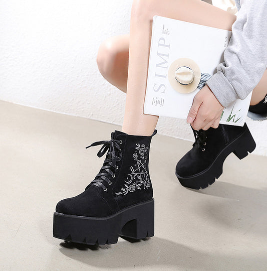 Flower Suede Chunky Platform Boots