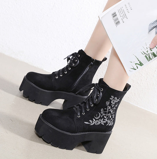 Flower Suede Chunky Platform Boots