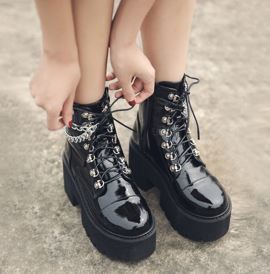 Gothic Black Boots Chain Chunky Heel Platform Boots
