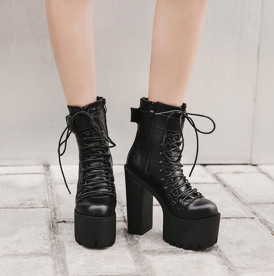 Motorcycle Metal Buckle Lace-Up Boots
