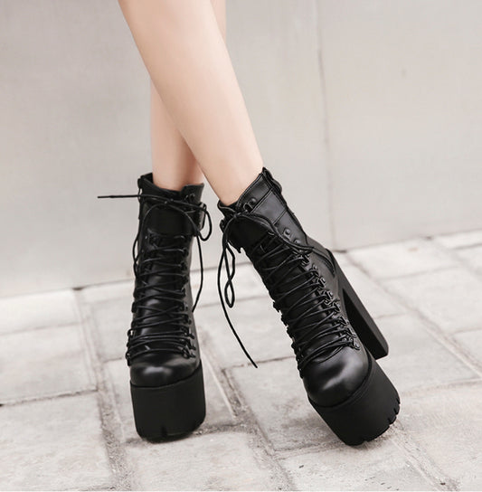 Motorcycle Metal Buckle Lace-Up Boots