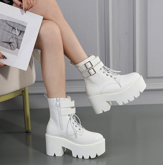 White Buckle Strap Chunky Heel Platform Boots