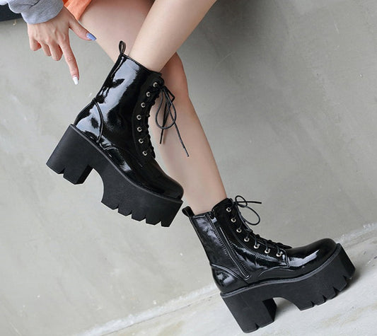 Lace-Up Chunky Wedge Platform Ankle Boots