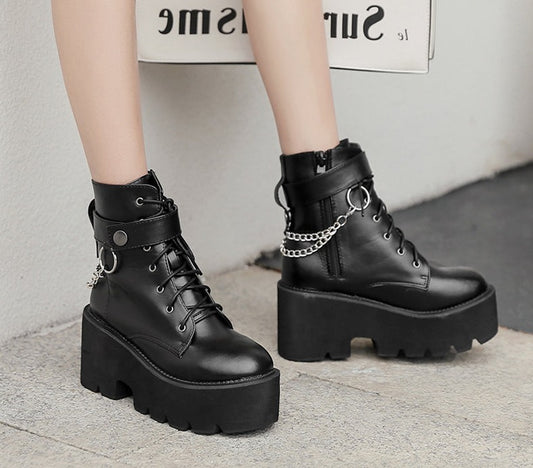Chain Leather Block Heel Gothic Platform Boots